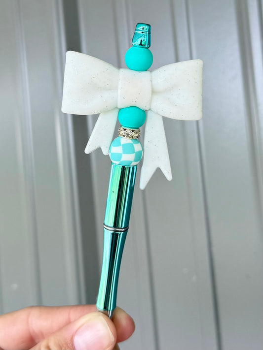 White Glitter Turquoise Check Big Bow Pen