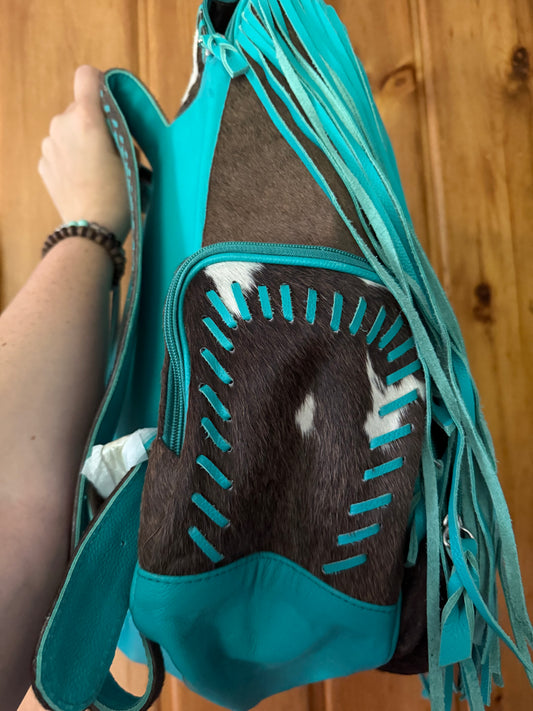 Genuine Turquoise Cowhide Backpack / Diaper Bag