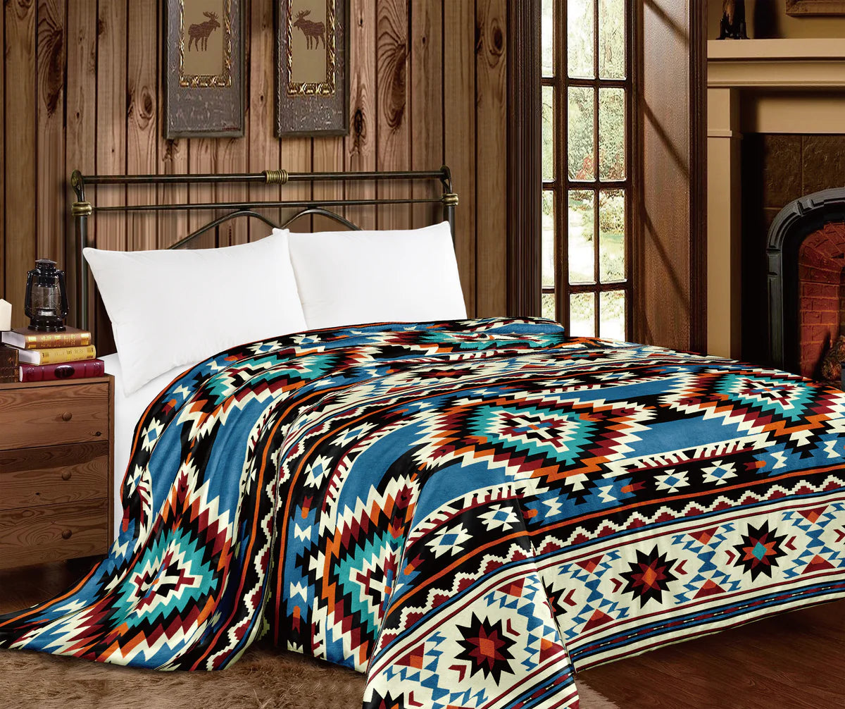 Turquoise Red Orange Black Aztec Thicker Style Queen Blanket