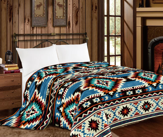 Turquoise Red Orange Black Aztec Thicker Style Queen Blanket