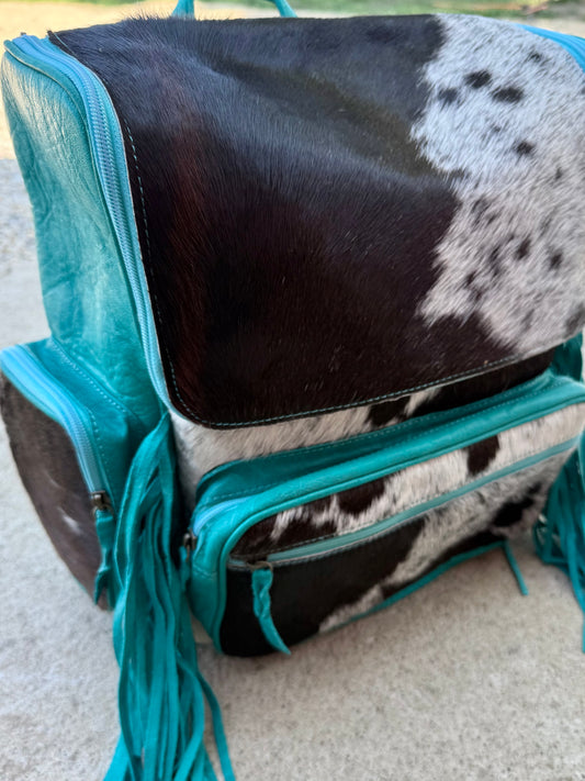 Turquoise Leather Fringe Cowhide Backpack / Diaper Bag