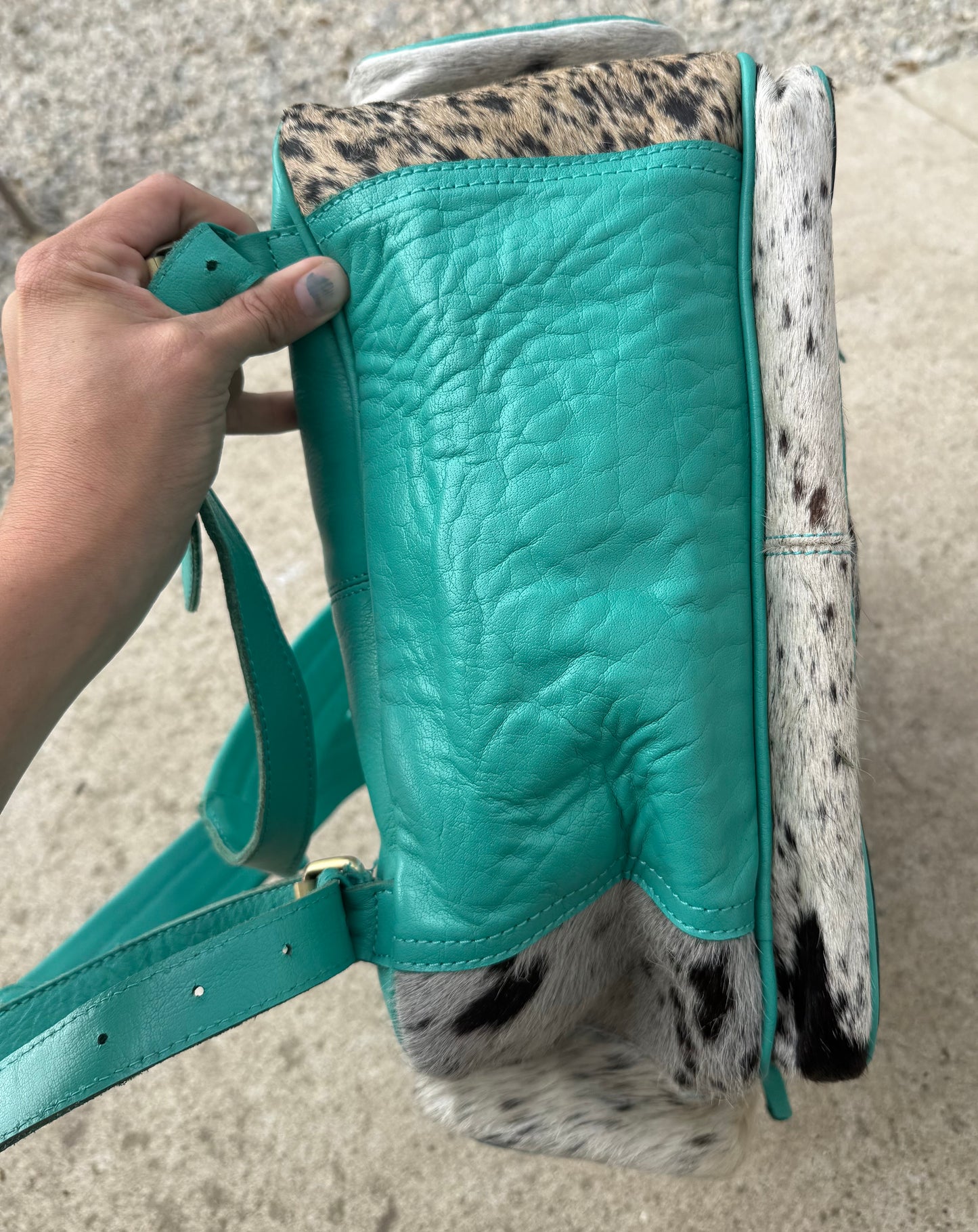 Turquoise Highland Cow Tooled Leather Black Speckled Cowhide Backpack / Diaper Bag