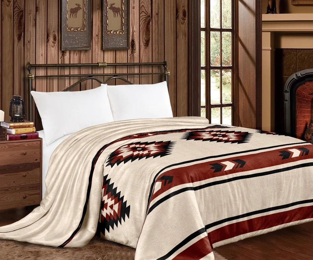 Red Beige Black Aztec Super Plush King Blanket