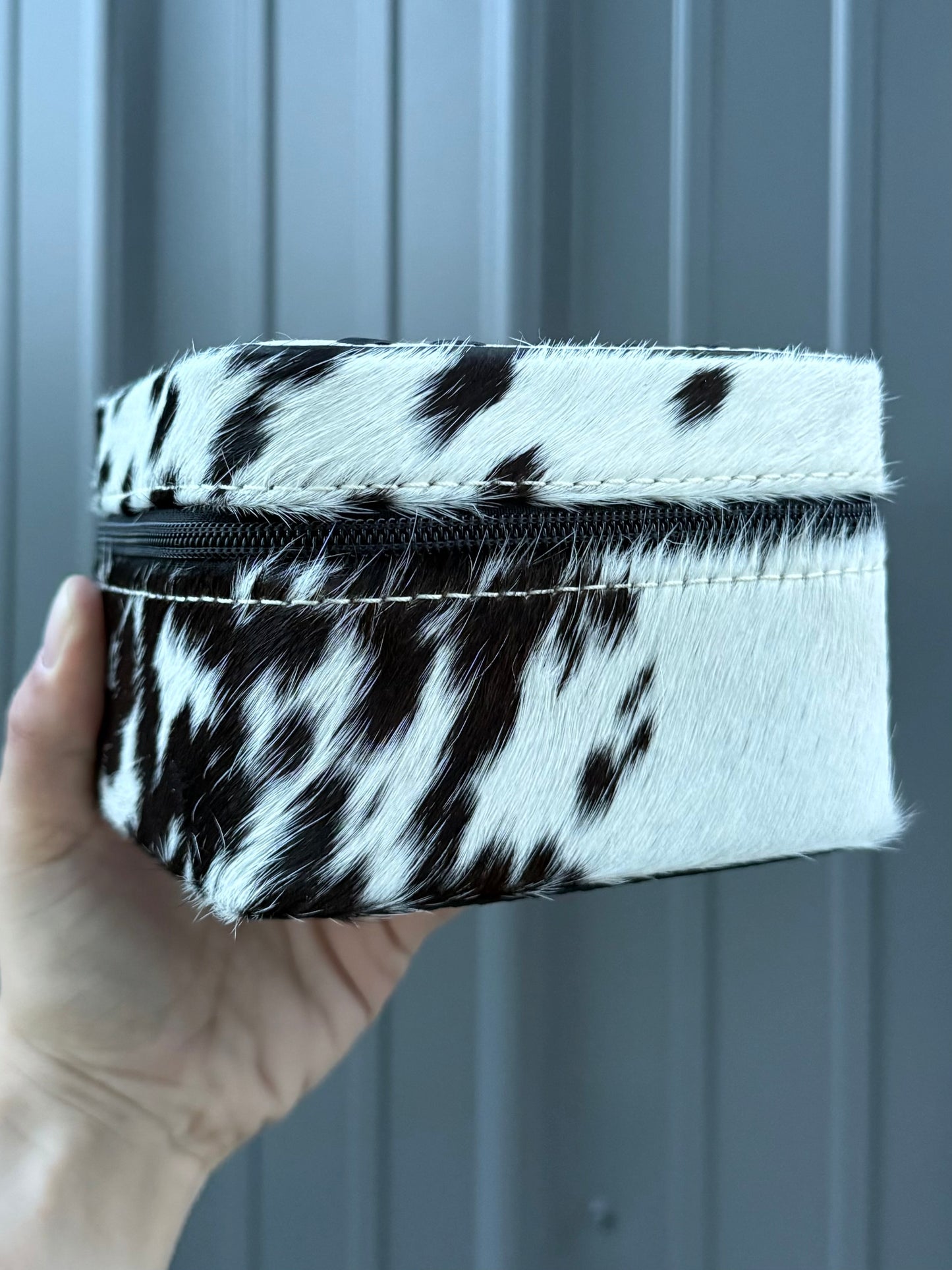 Checkered and Cowhide Square Jewelry Zipper Box