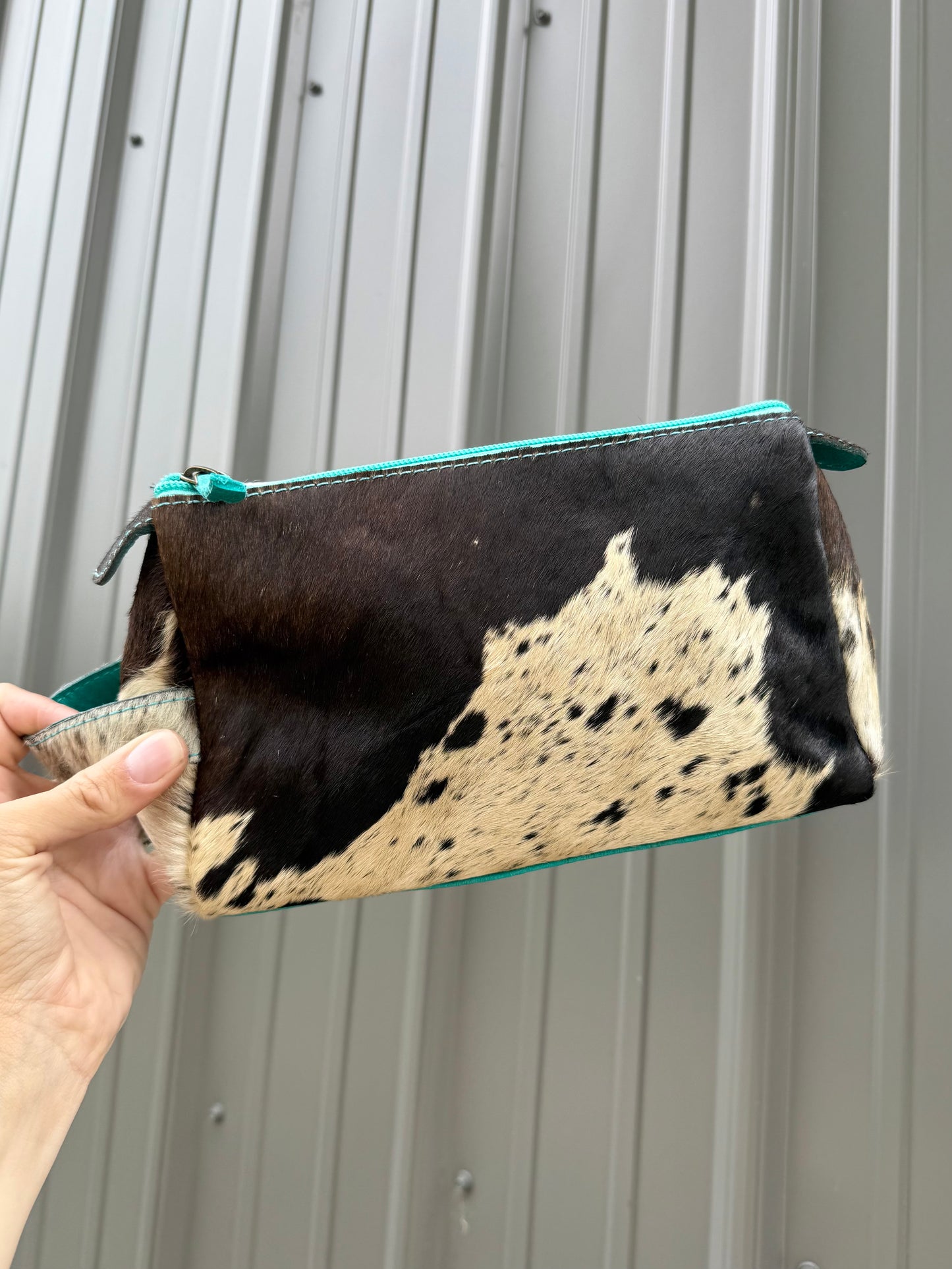 Black Cowhide Turquoise Makeup Cosmetic Bag