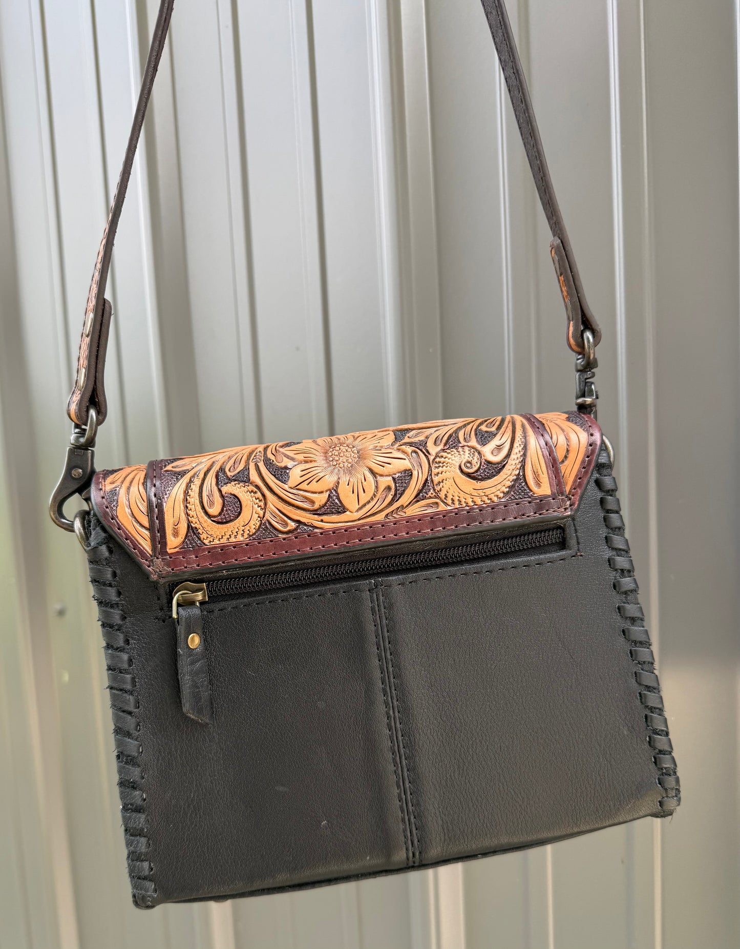 Brown Tooled Genuine Black Cowhide Purse