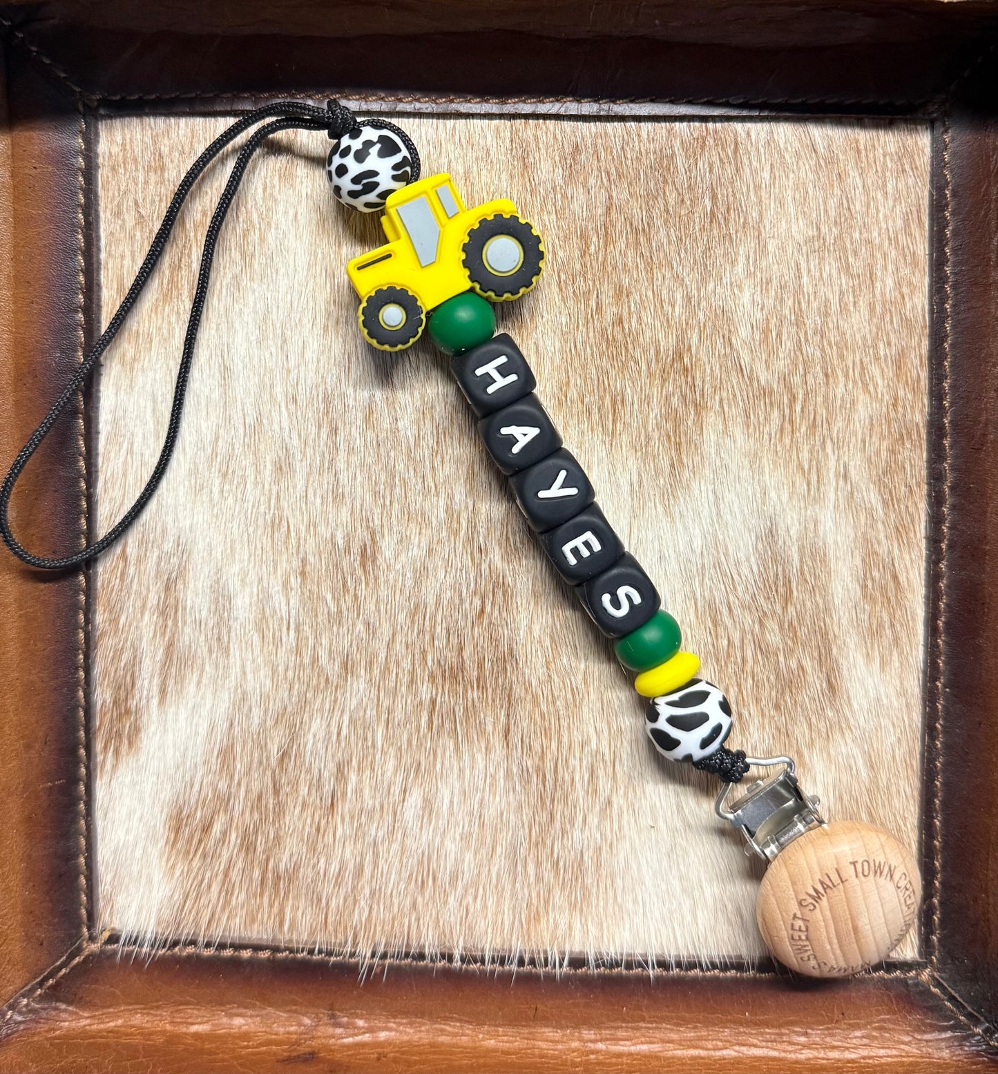 Yellow Tractor Green With Custom Name Pacifier Holder