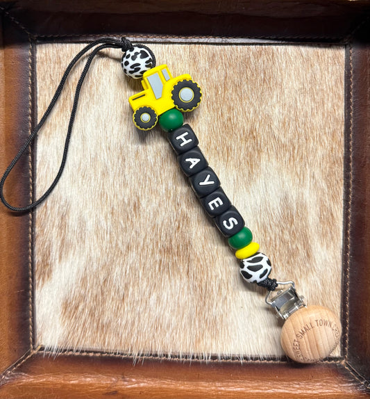 Yellow Tractor Green With Custom Name Pacifier Holder