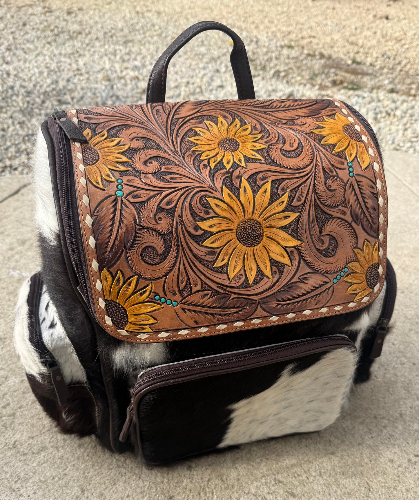 Tooled Leather Black Cowhide Yellow Sunflower with Turquoise Backpack / Diaper Bag