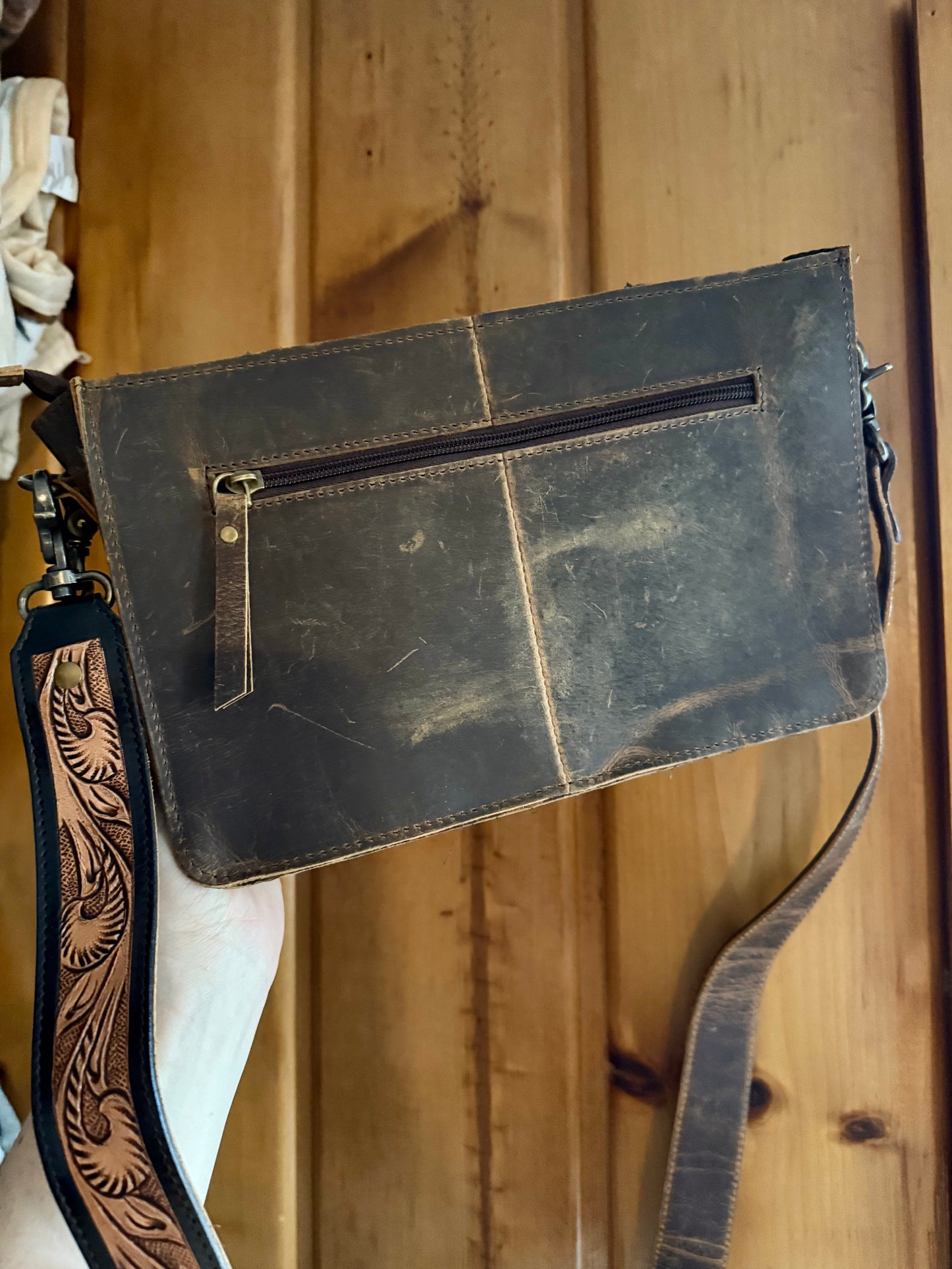 Genuine Cowhide Crossbody / Wristlet Tooled Leather Bag