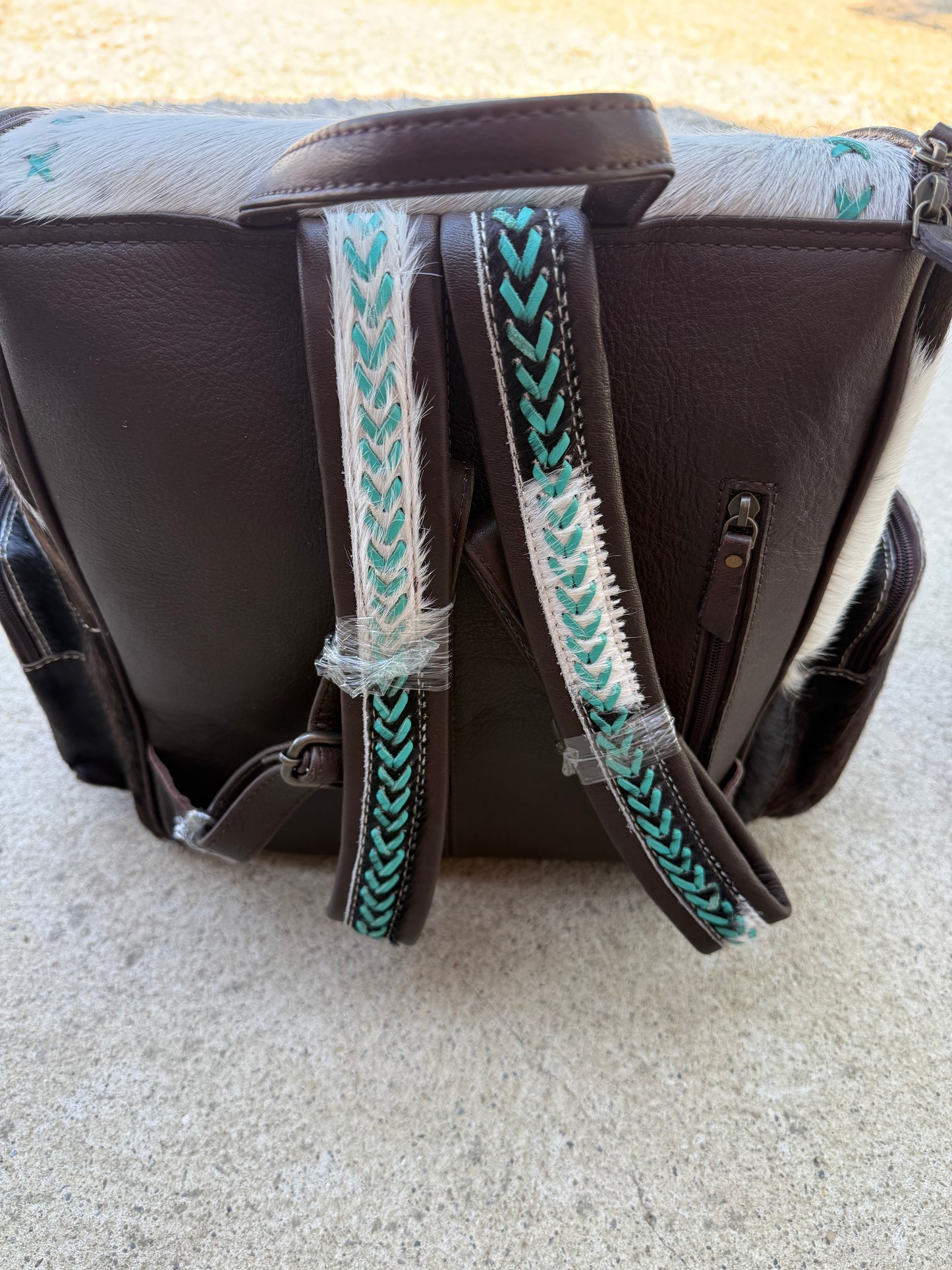 Black & White Cowhide Turquoise Stitching Backpack / Diaper Bag