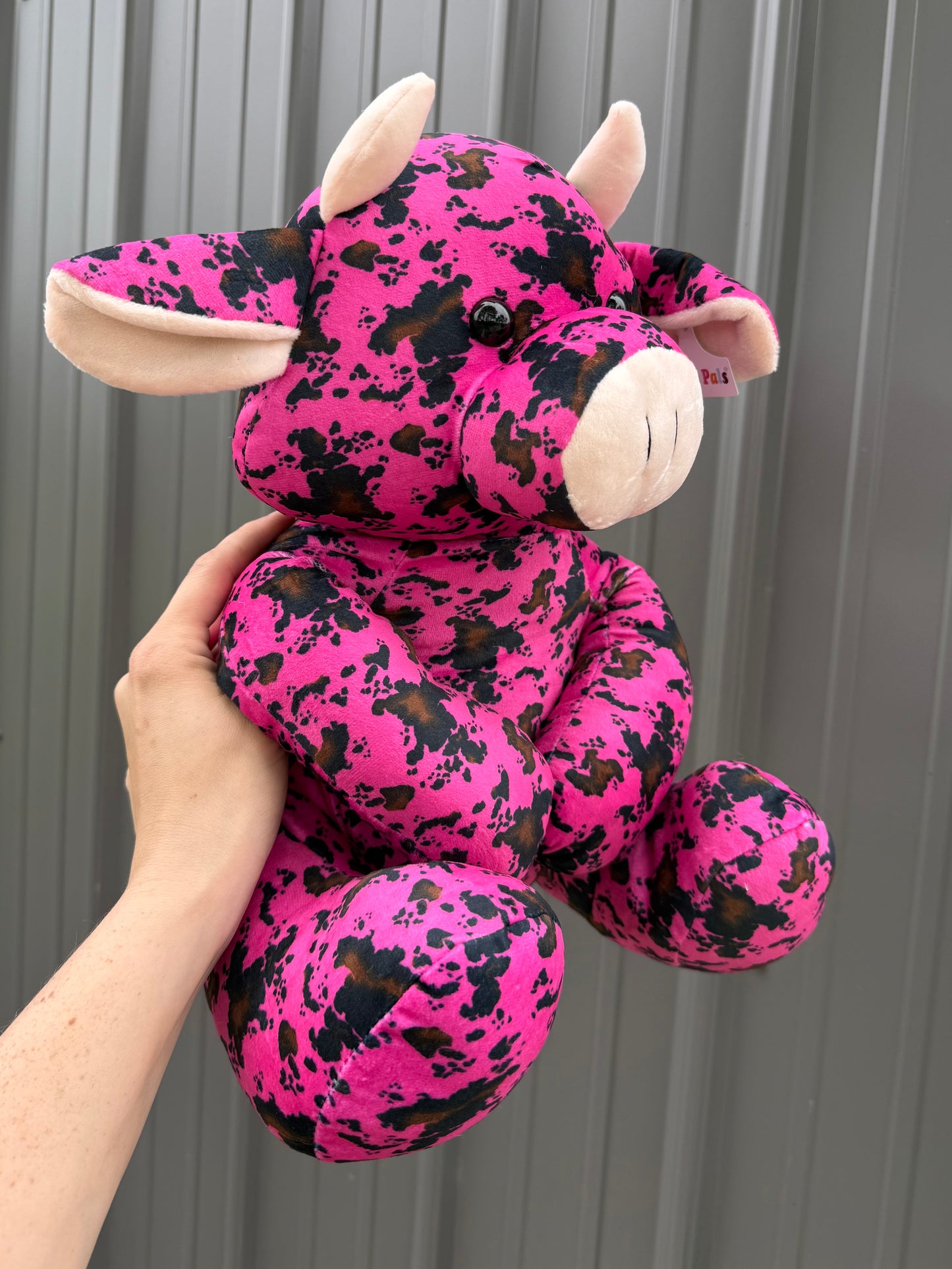 Large Plushie Pink Cowhide Turquoise Sitting Cow