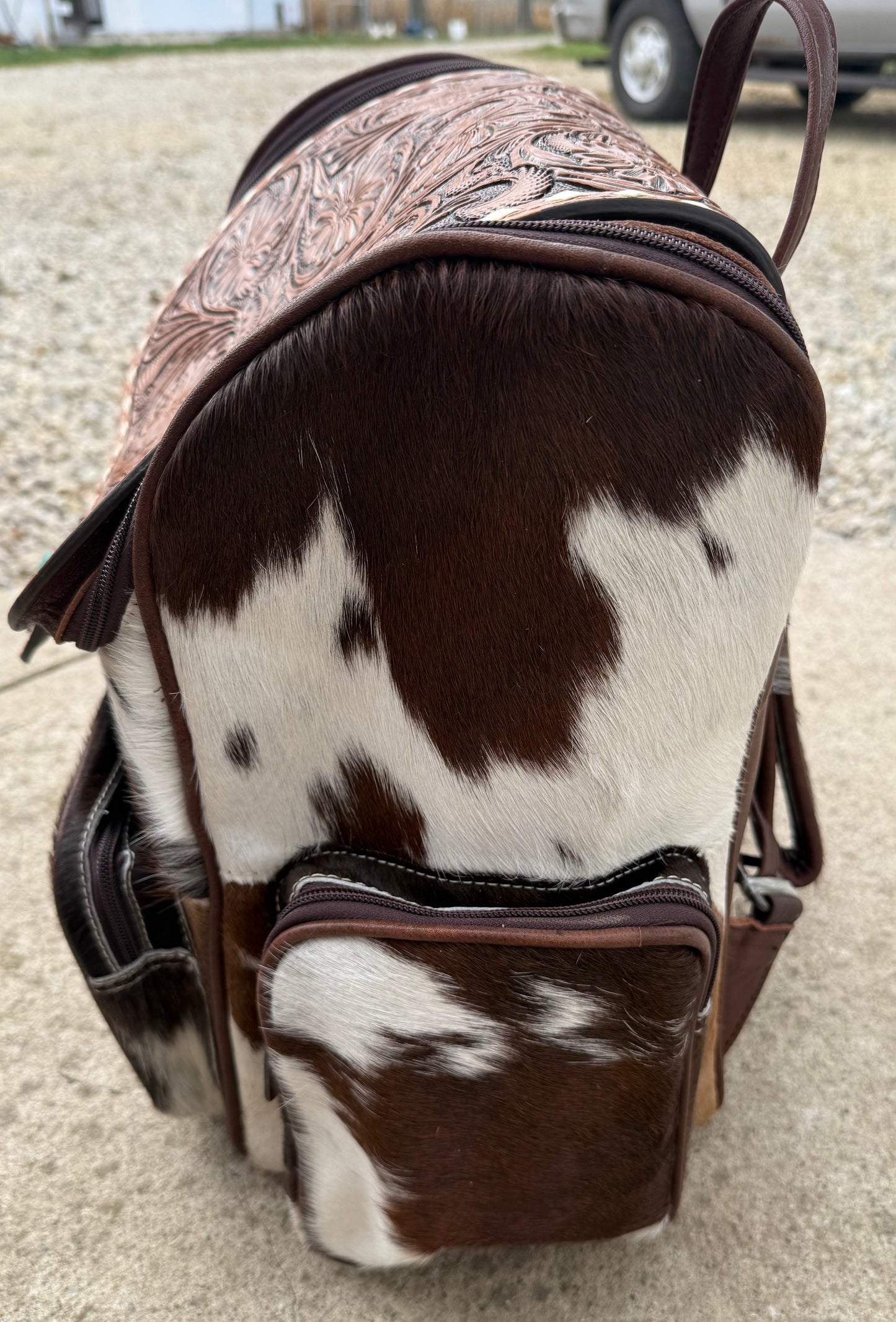 Tooled Leather Brown Cowhide Turquoise Concho Backpack / Diaper Bag