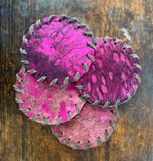 Genuine Cowhide Acid Wash Bright Pink Coaster