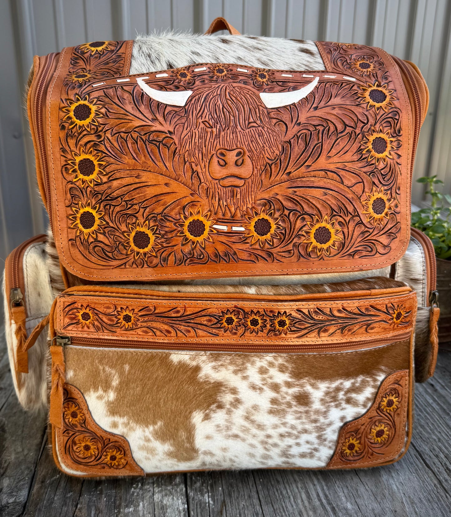 Sunflower Highland Cow Tooled Leather Brown Cowhide Backpack / Diaper Bag