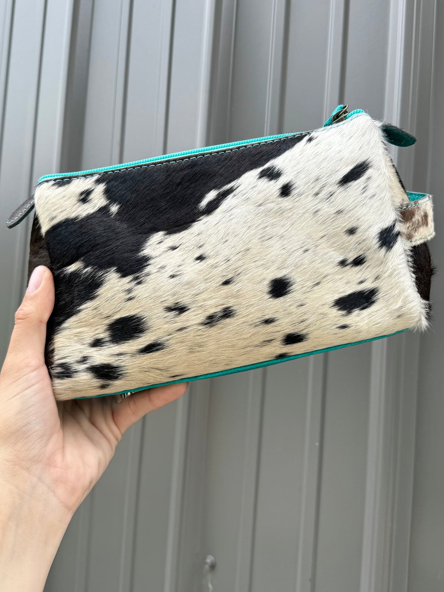 Black Cowhide Turquoise Makeup Cosmetic Bag