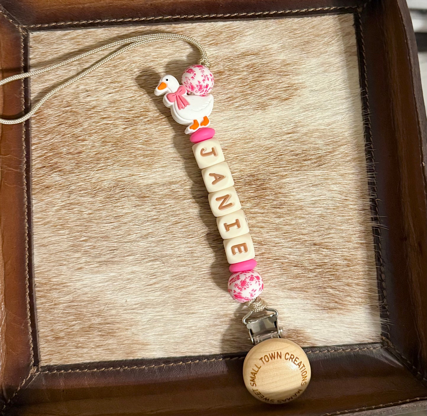 Pink Goose Pacifier Holder With Name