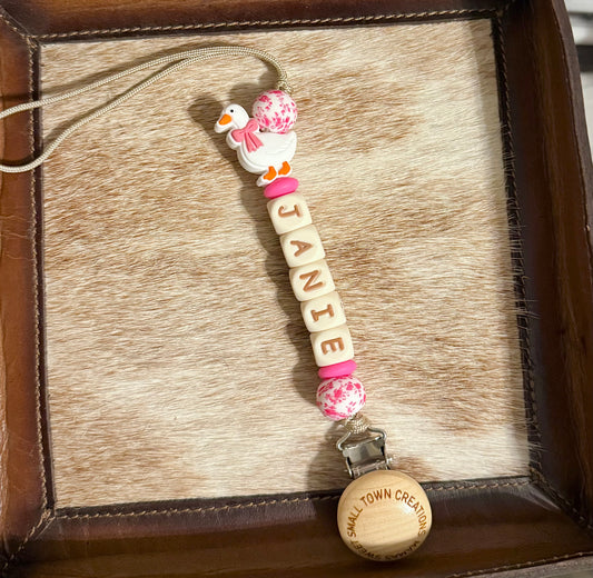 Pink Goose Pacifier Holder With Name
