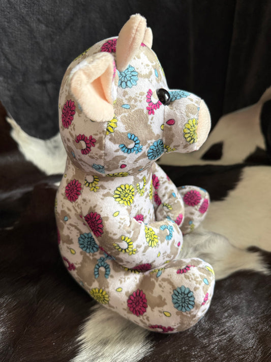 Beige Cow Print Turquoise Pink Green Concho Blossom Sitting Cow Plushie