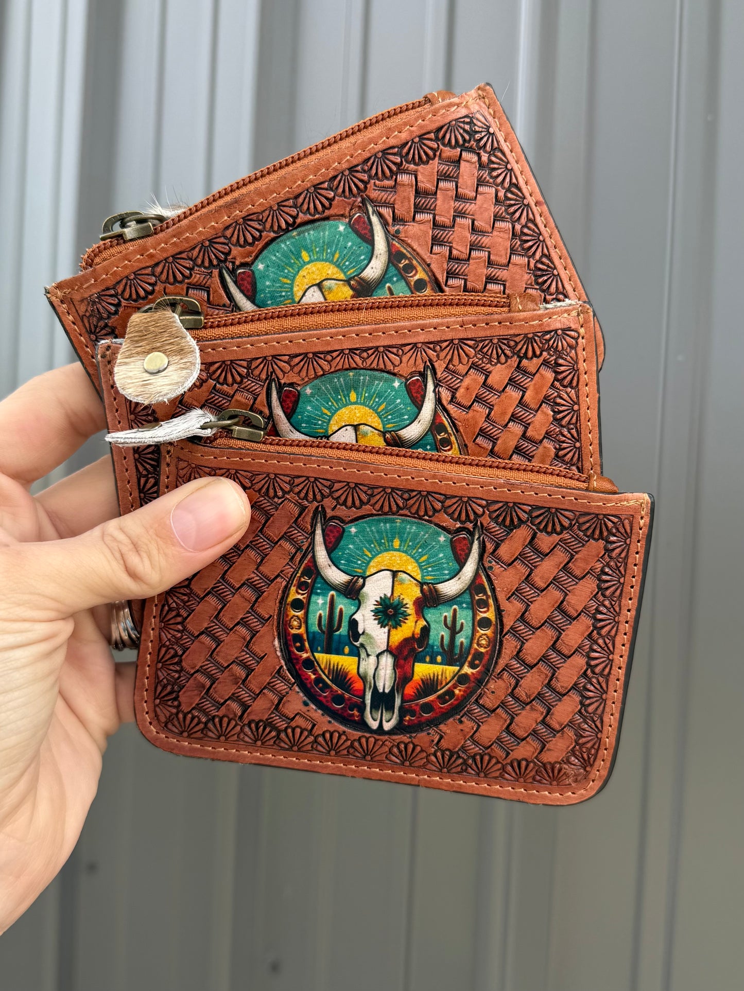 Cactus Cowskull Cowhide Tooled Leather Zipper Pouch