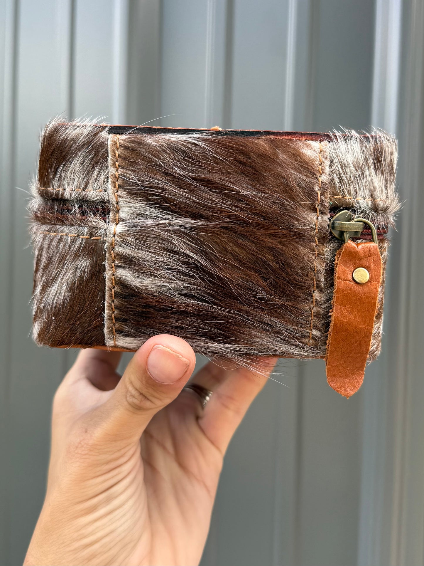 Rust Brown Red Tooled Top Brown Speckled Cowhide Square Jewelry Zipper Box