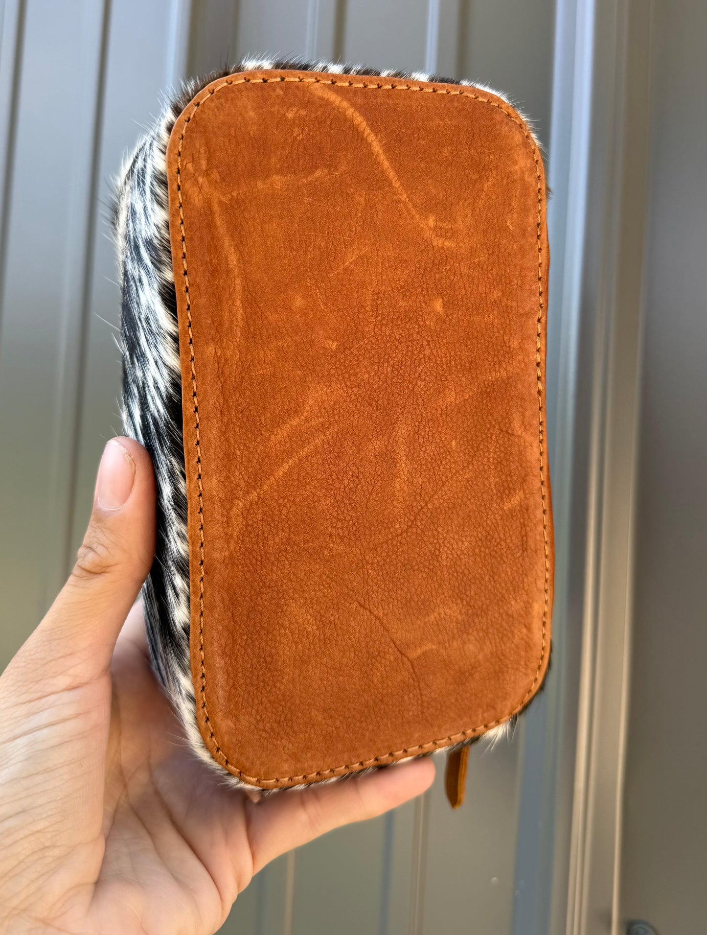 Tooled Floral Brown Speckled Cowhide Rectangle Jewelry Zipper Box