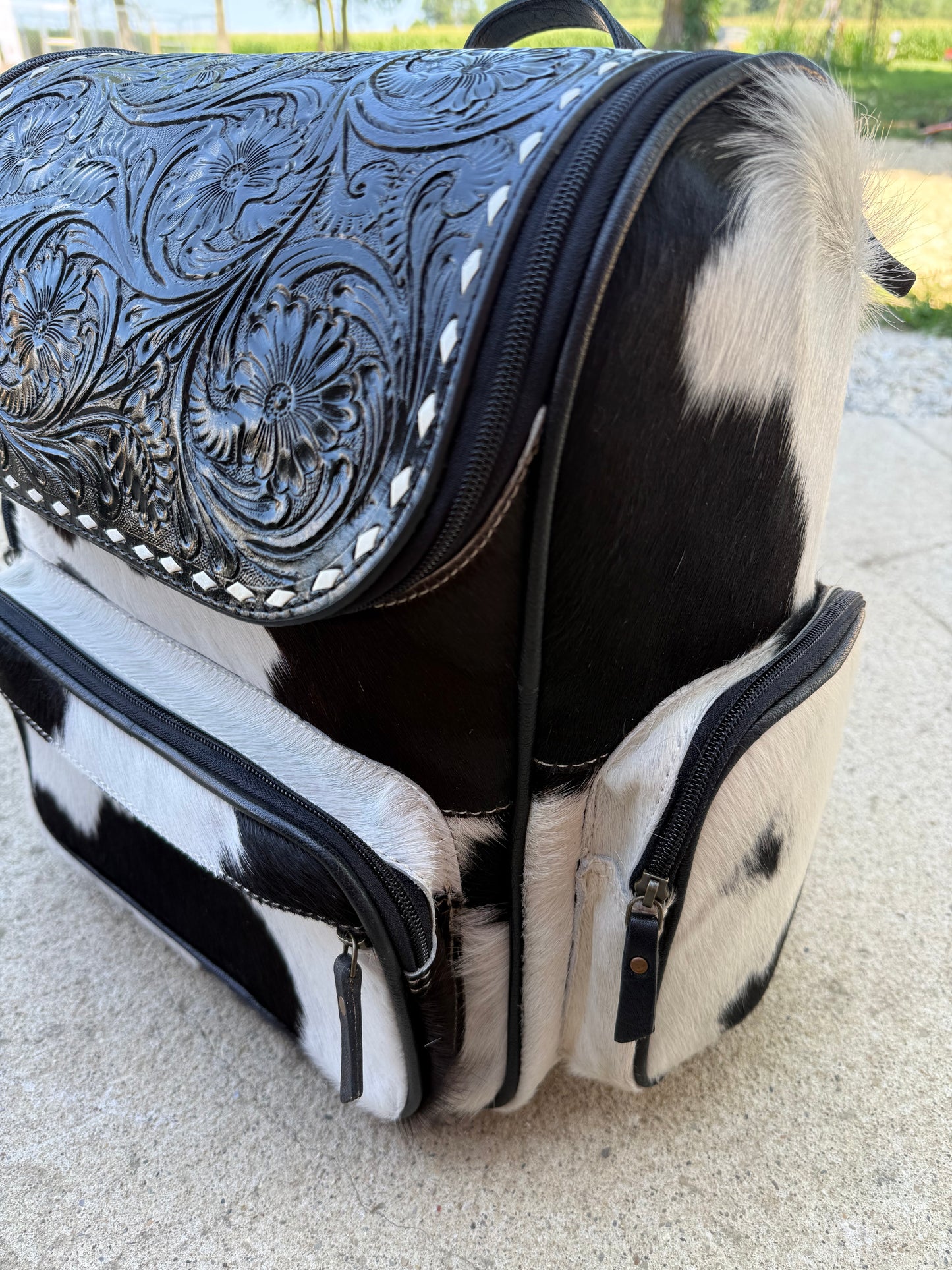 Tooled Leather Black Cowhide Backpack / Diaper Bag