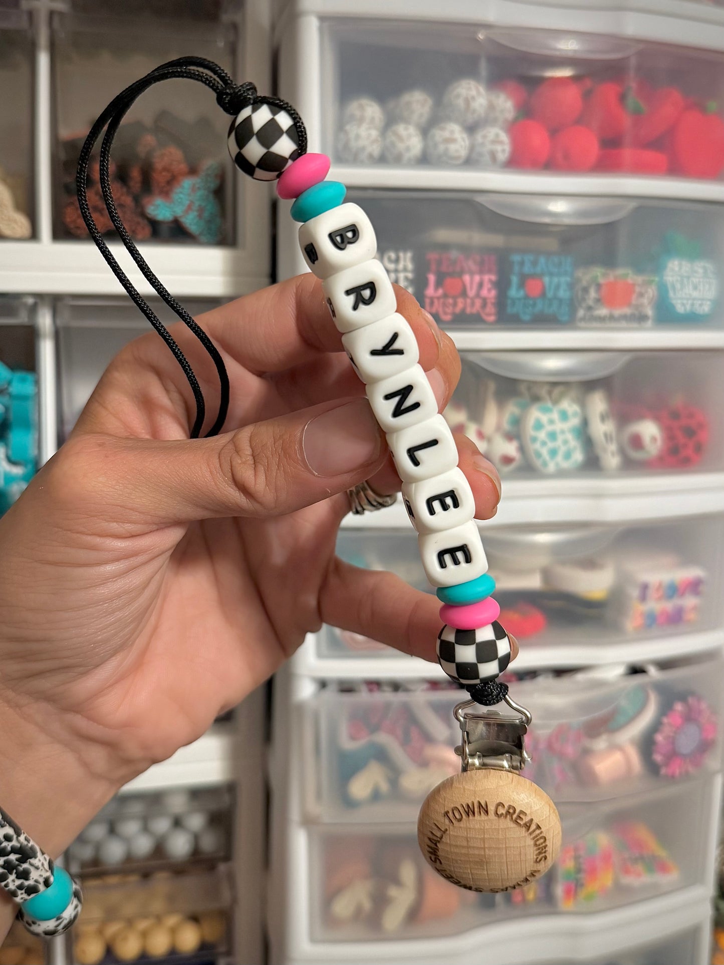 Pink/Turquoise Checkered Custom Name Pacifier Holder