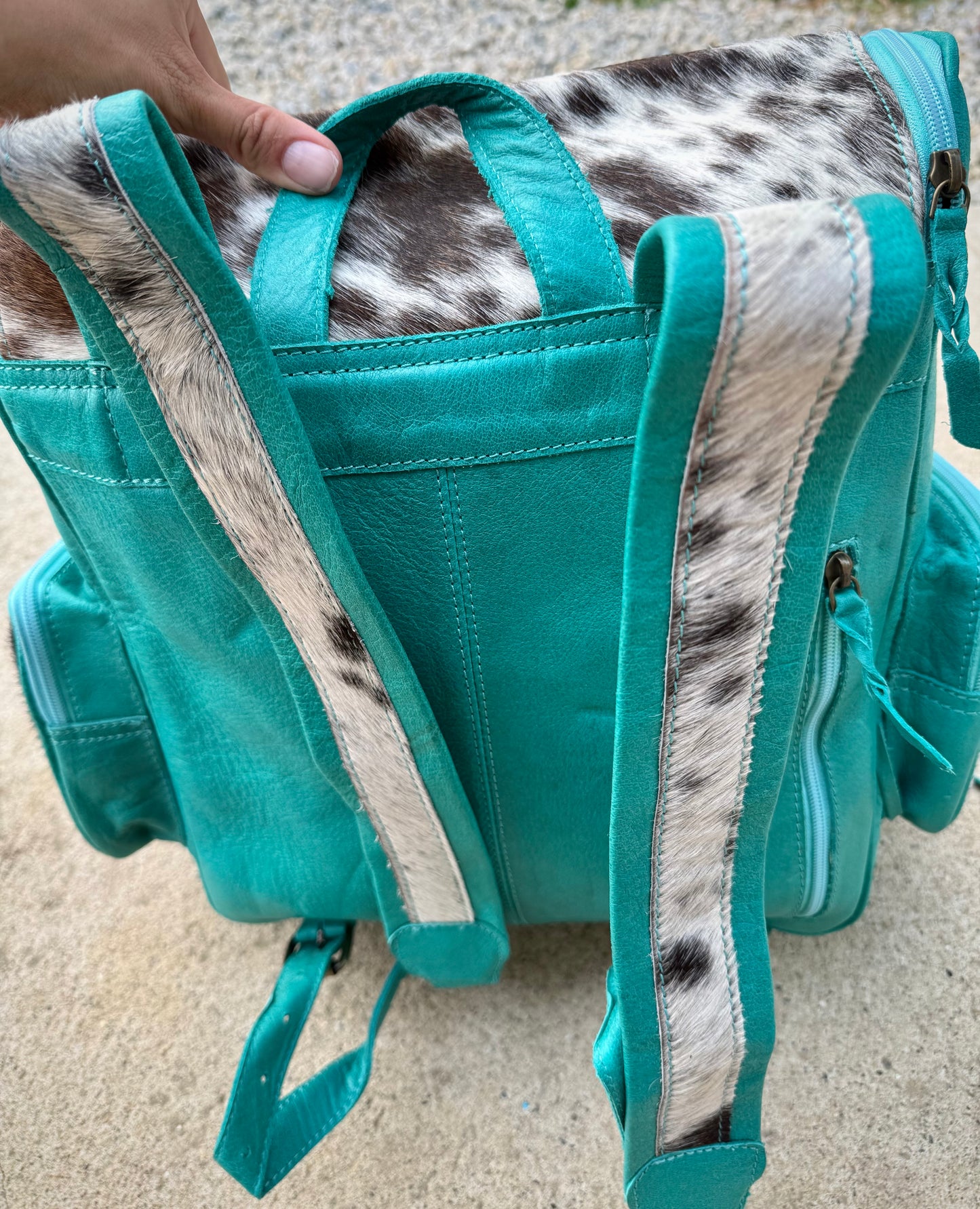Turquoise Leather Cowhide Backpack / Diaper Bag