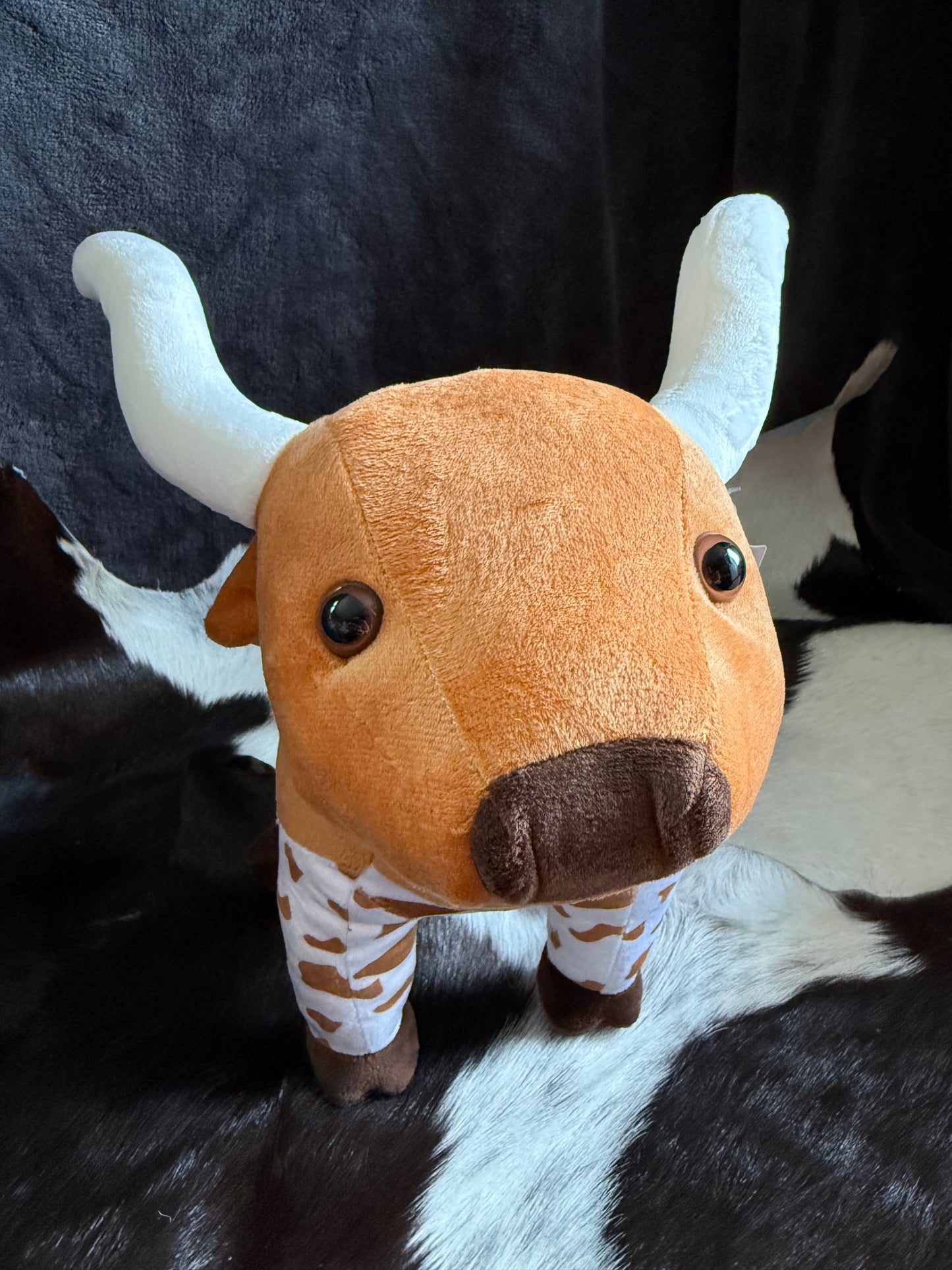 Brown Cowhide Print Long Horn Cow Plushie