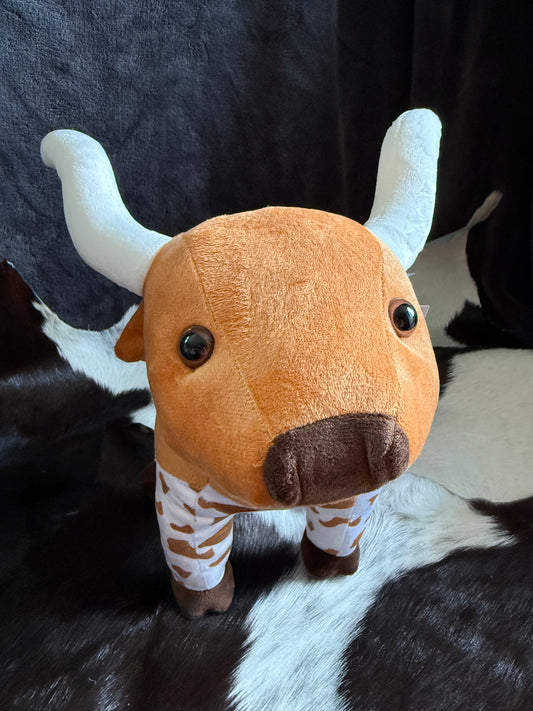 Brown Cowhide Print Long Horn Cow Plushie