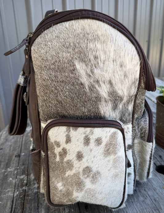 Tooled Leather Spotted Gray Cowhide Backpack / Diaper Bag