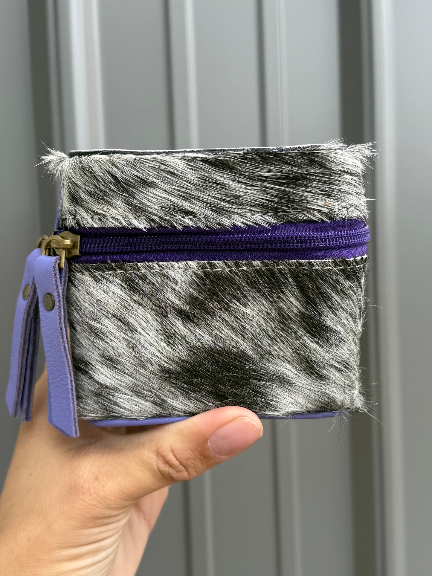 Lavender Purple Tooled Top Speckled Cowhide Square Jewelry Zipper Box