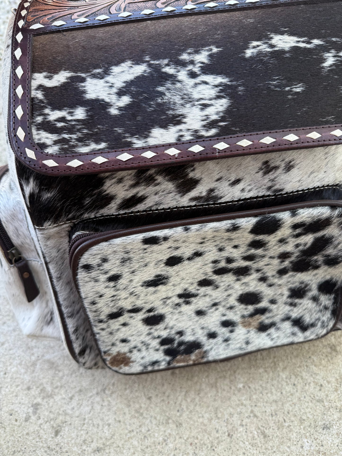 Tooled Leather Dark Brown Speckled Cowhide Backpack / Diaper Bag