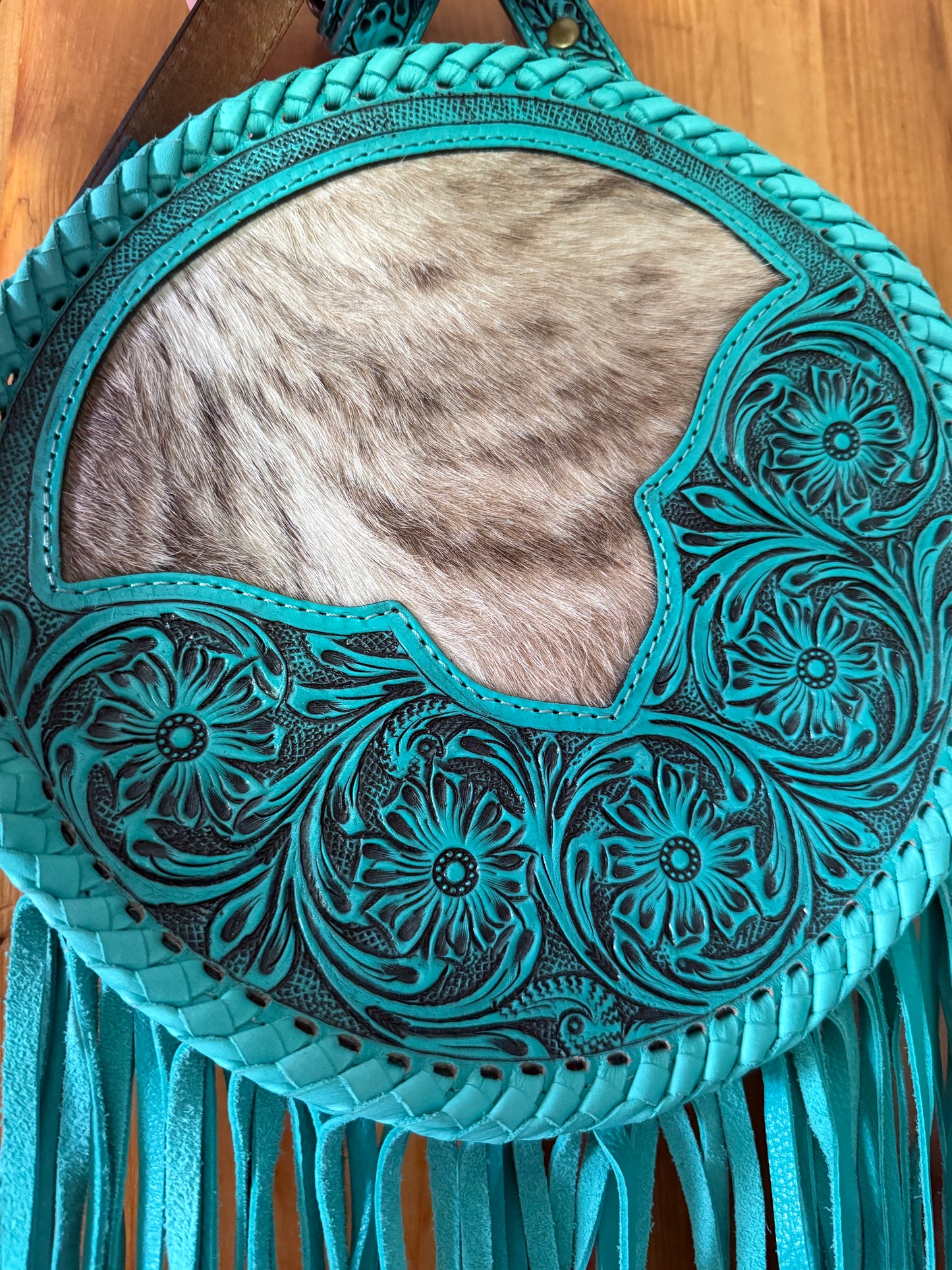 Turquoise Tooled Leather and Cowhide Canteen Crossbody Purse