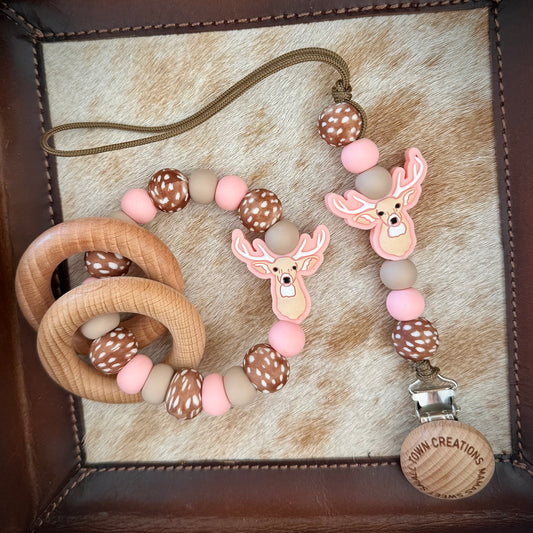 Pink Doe Print Deer Teether Set