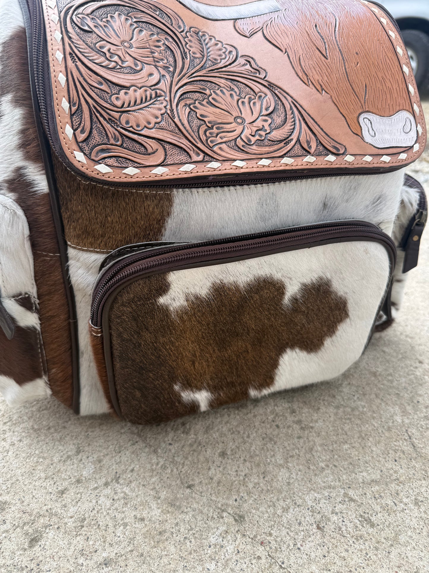 Tooled Leather Highland Cow Brown Cowhide Backpack / Diaper Bag