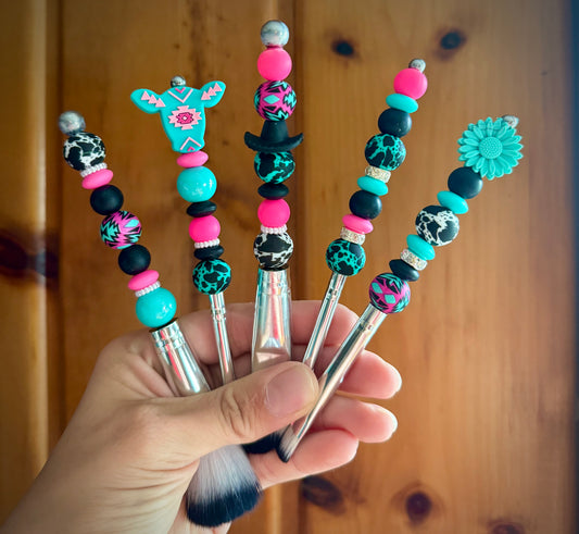 Western Aztec Cow Pink/ Turquoise Makeup Brush Set
