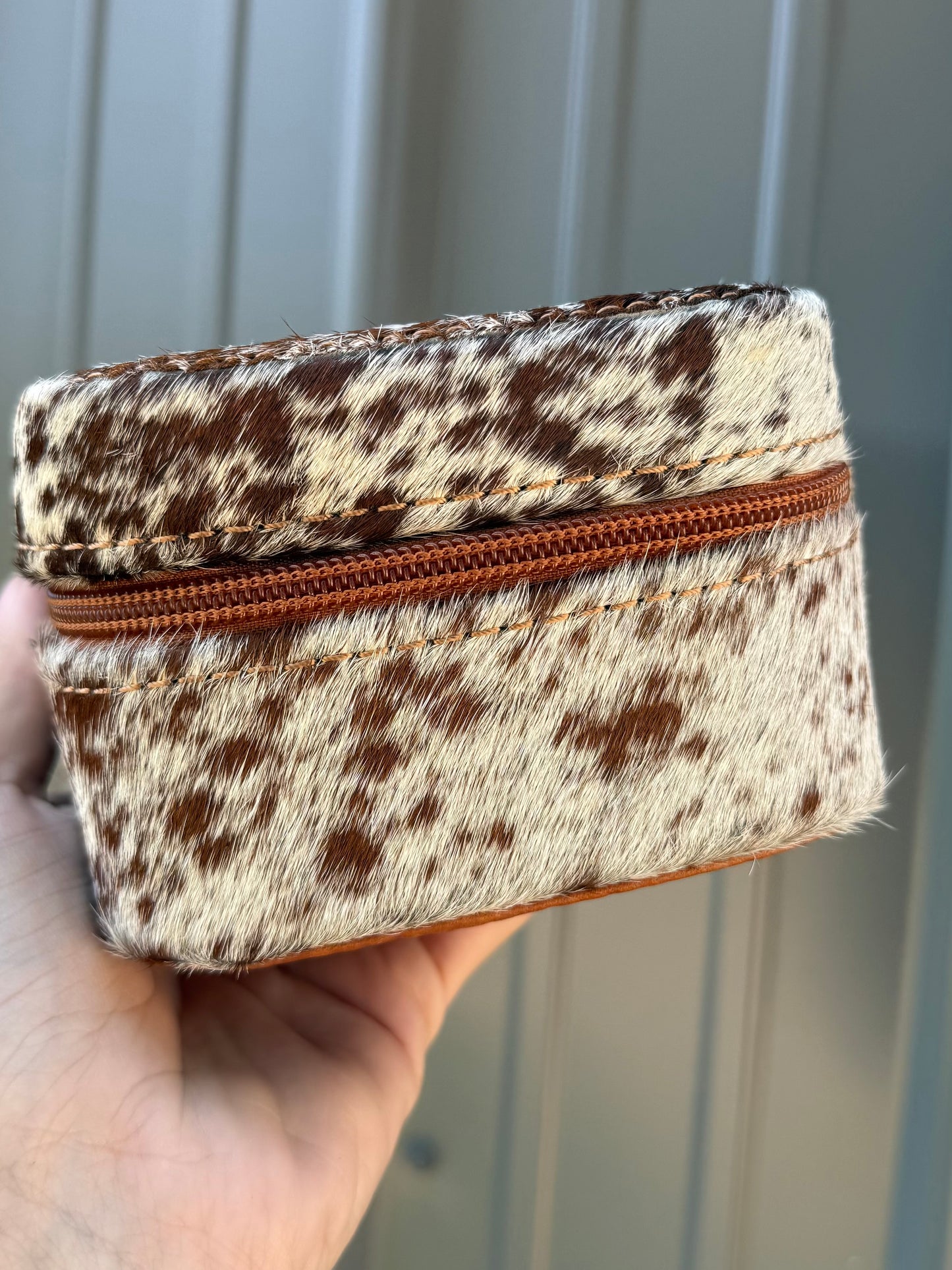 Brown Speckled Cowhide Rectangle Jewelry Zipper Box