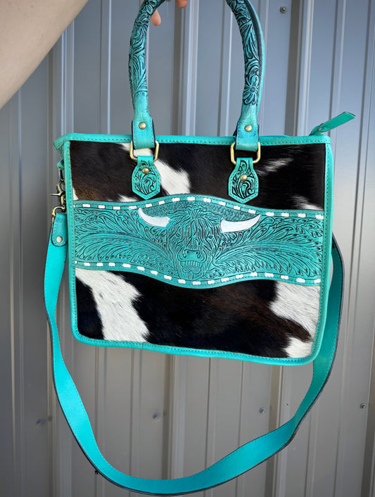 Turquoise Tooled Genuine Cowhide Highland Cow Purse with Crossbody