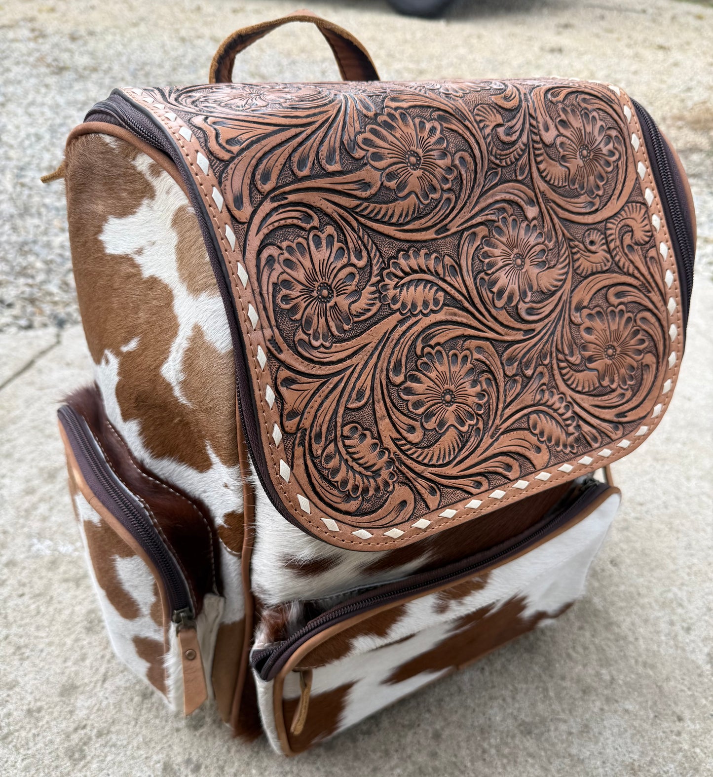 Tooled Leather Brown Cowhide Backpack / Diaper Bag