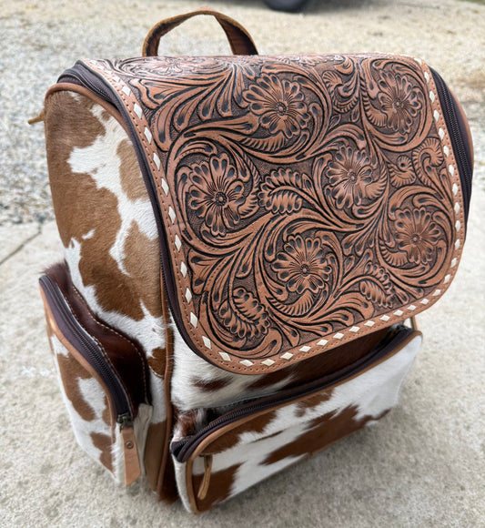 Tooled Leather Brown Cowhide Backpack / Diaper Bag