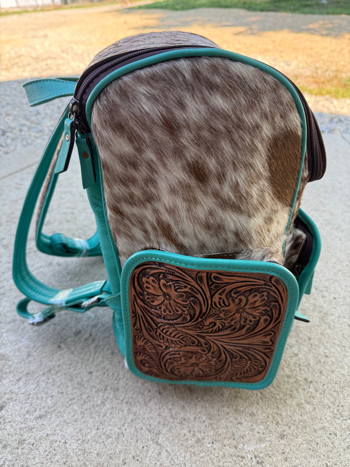 Tooled Leather Turquoise Speckled Brown Cowhide Backpack / Diaper Bag