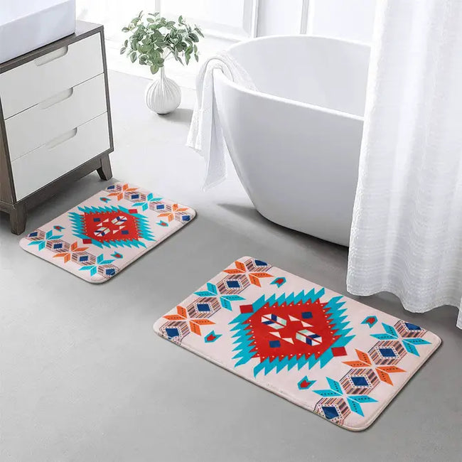 Red Teal Aztec Bathroom Mat Set