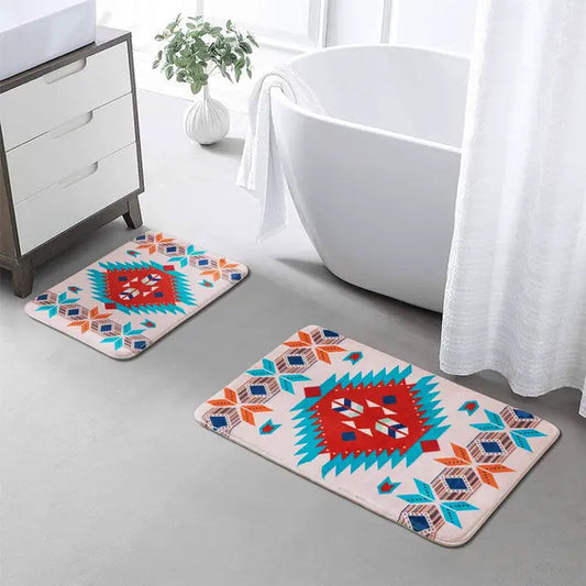 Red Teal Aztec Bathroom Mat Set