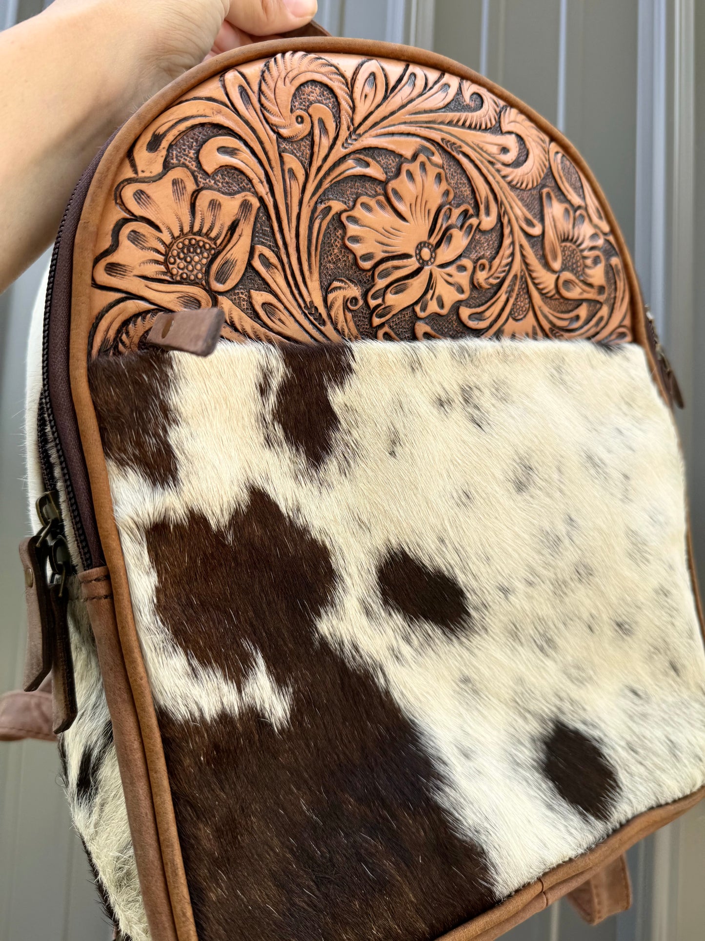 Genuine Tooled Leather Cowhide Mini Backpack