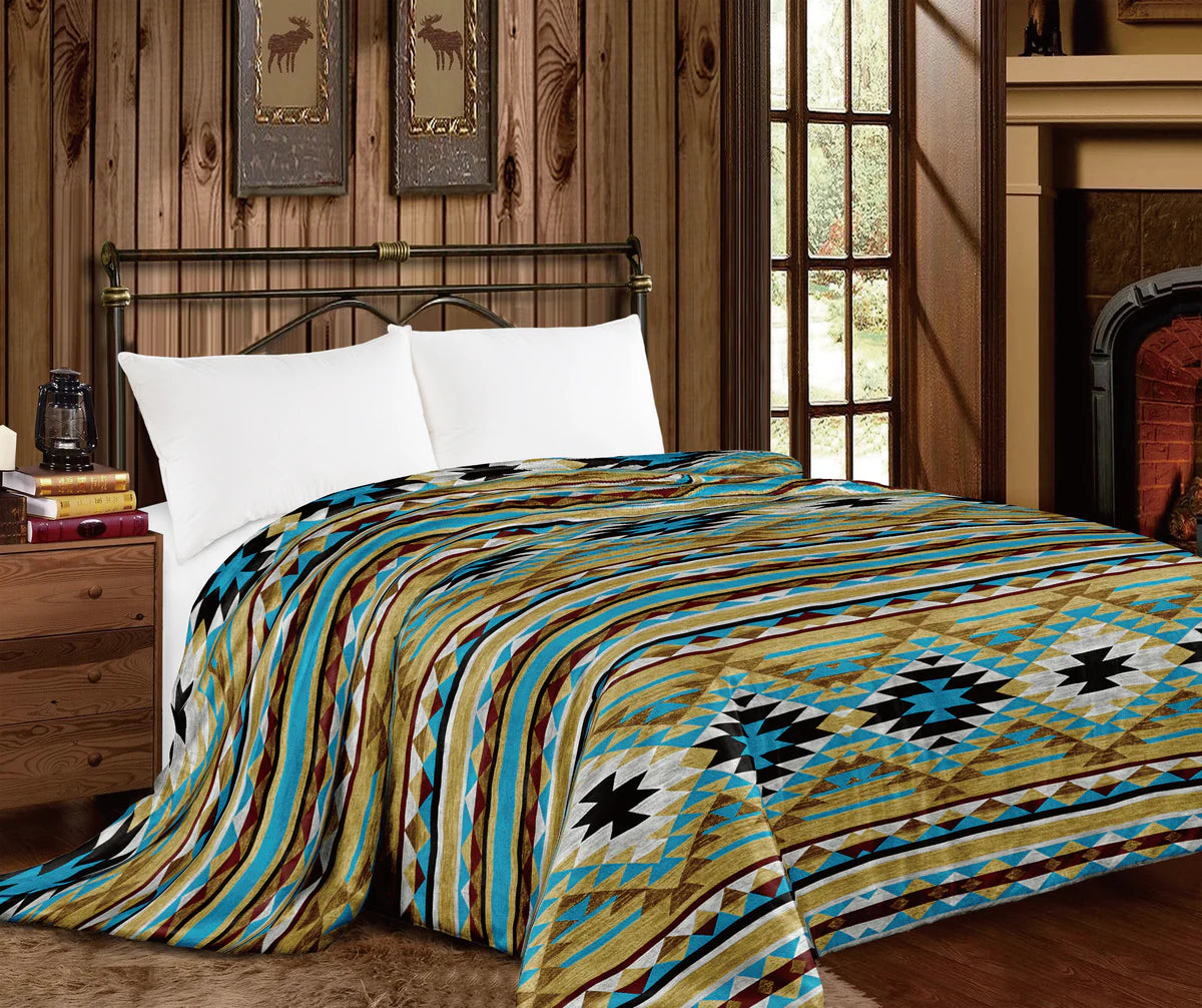 PREORDER Tan Blue Black Aztec Super Plush King Blanket