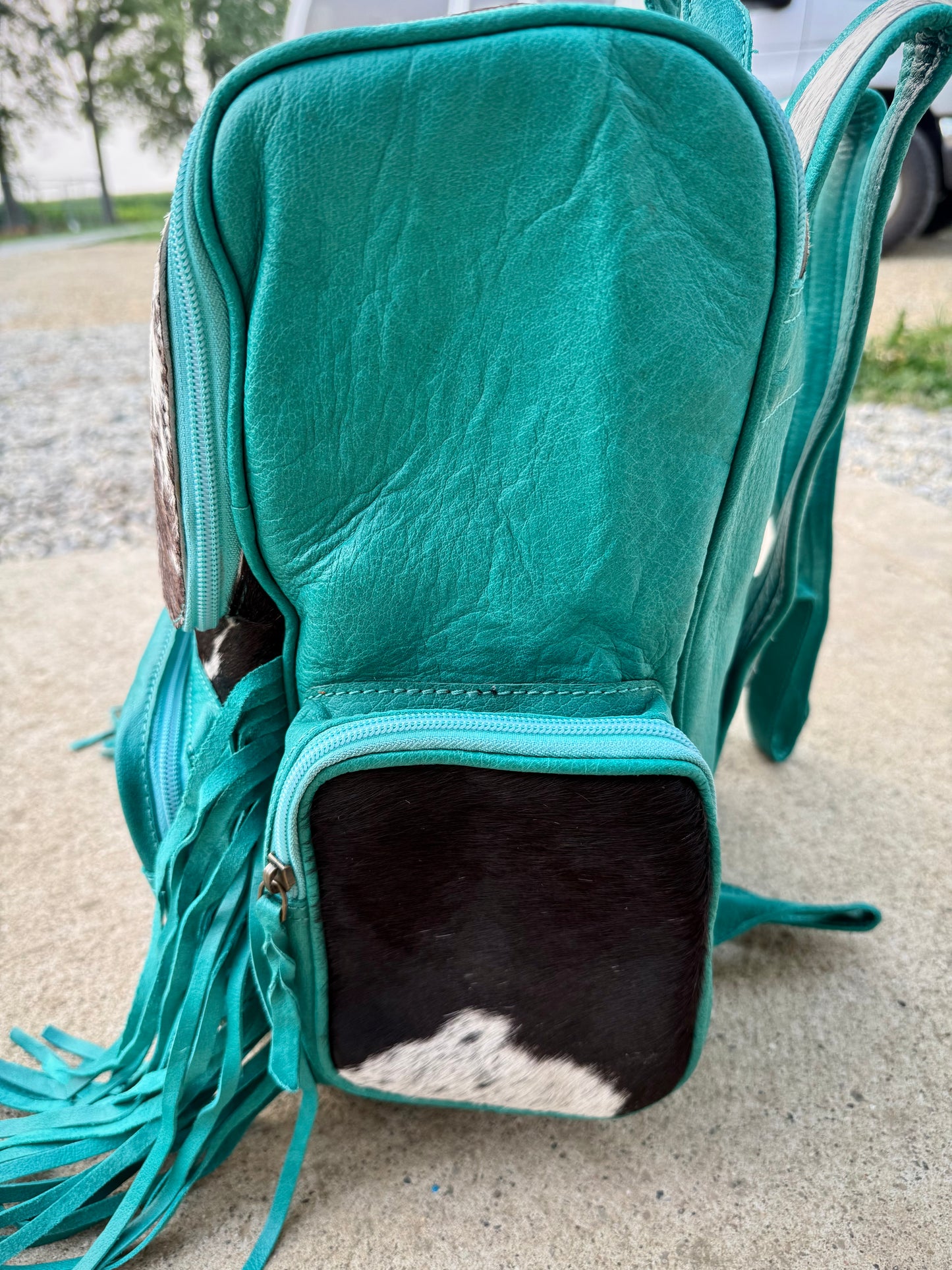Turquoise Leather Cowhide Backpack / Diaper Bag