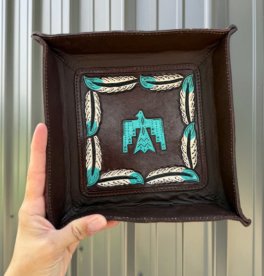 Genuine Brown Turquoise Thunderbird Leather Tray