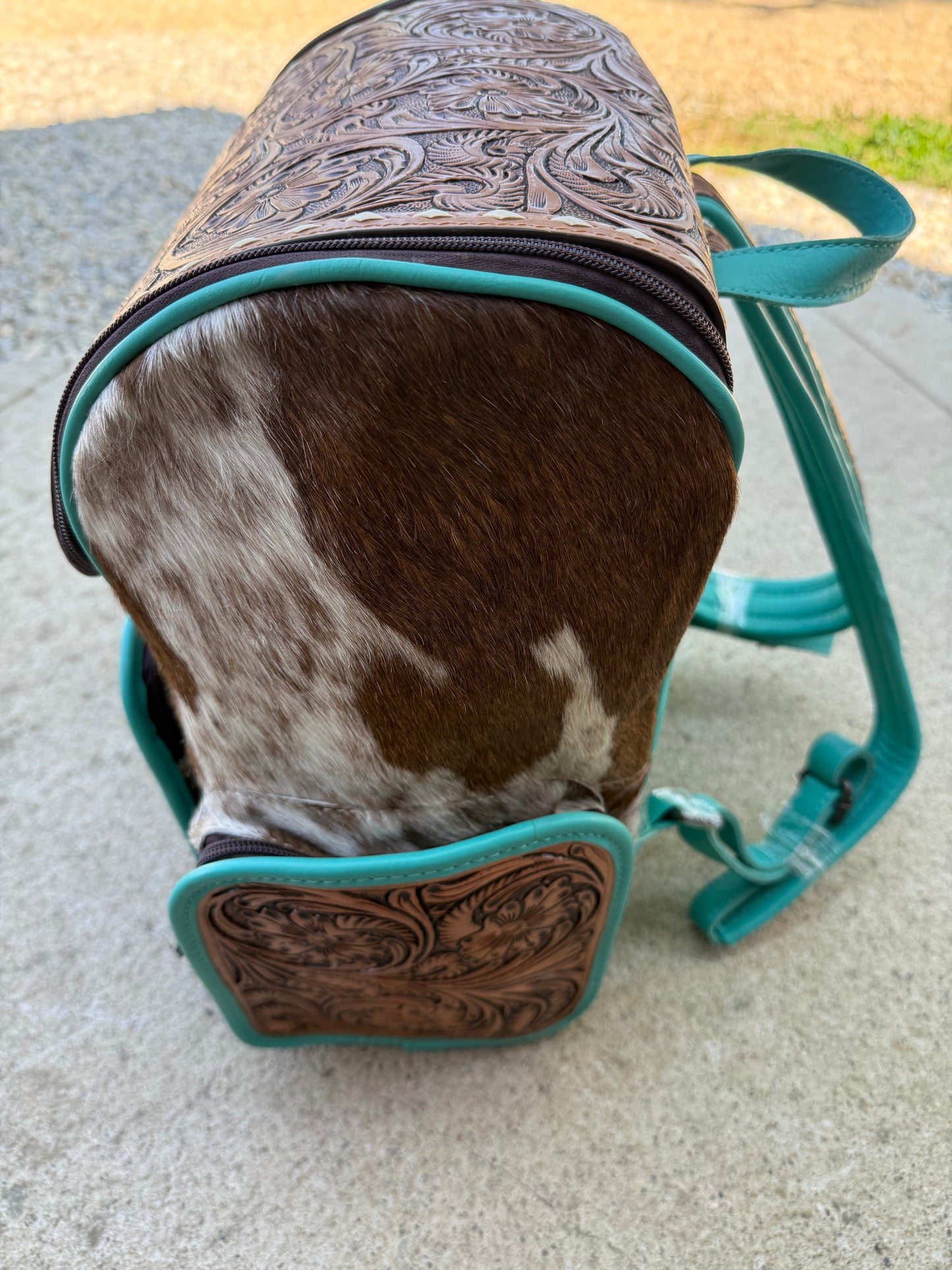 Tooled Leather Turquoise Speckled Brown Cowhide Backpack / Diaper Bag